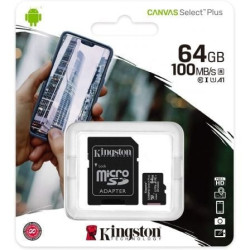 Tarjeta de memoria kingston canvas select plus 64gb microsd xc con adaptador/ clase 10/ 100mbs