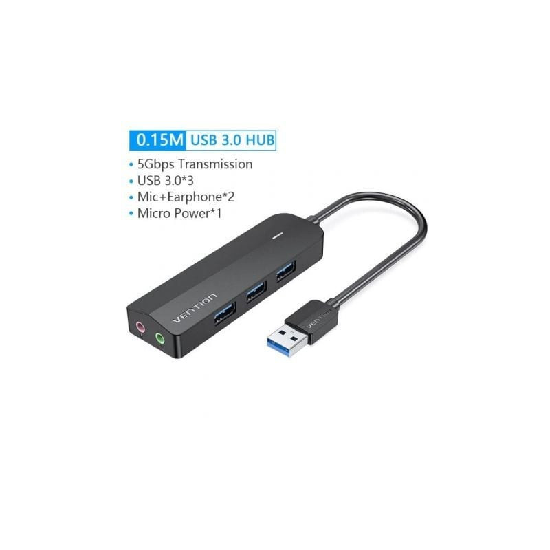 Hub usb 3.0 con tarjeta de sonido vention chibb/ 3xusb/ 1xmicrousb pd